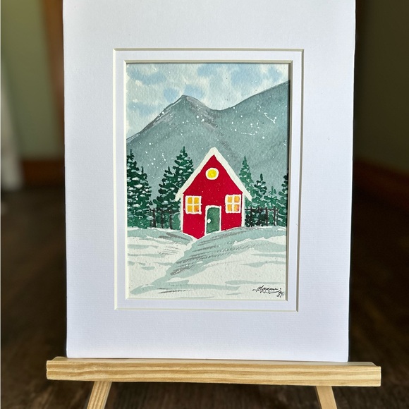 🎉SALE! Hand-Made New Watercolor Art Cozy Red Hut in the Mountains - Picture 2 of 8